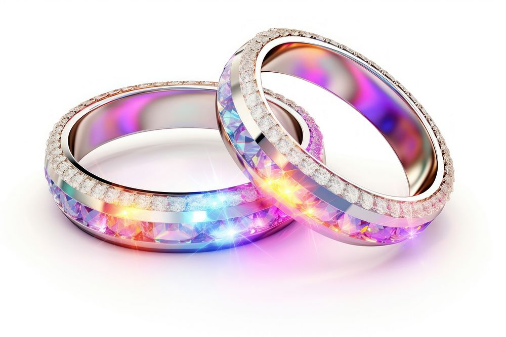 Two diamond rings iridescent gemstone jewelry white background.