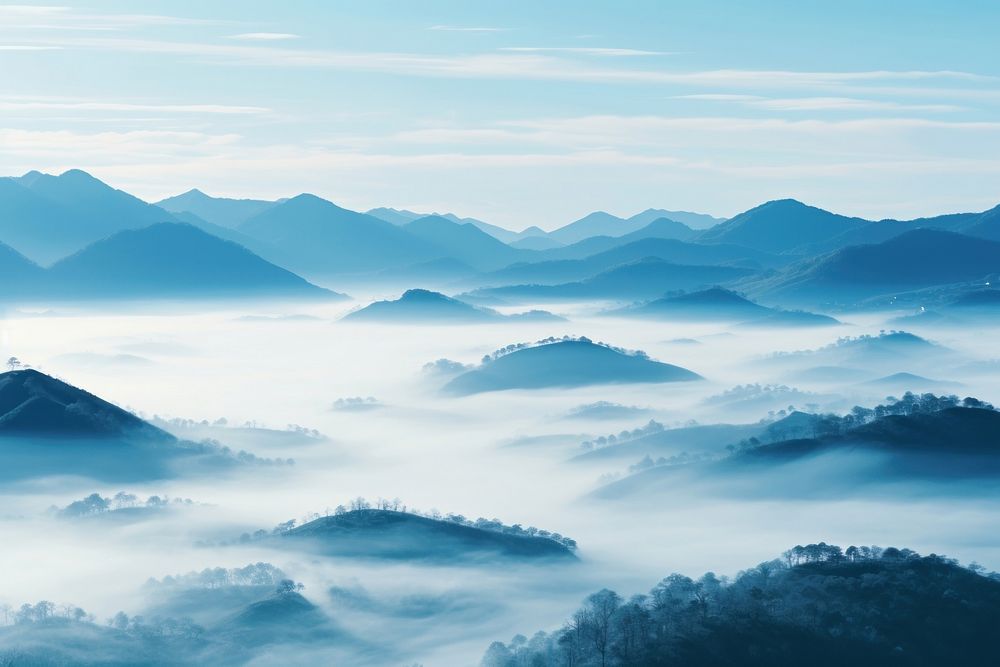 Mountain landscape fog panoramic outdoors.