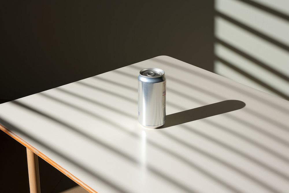 Simple can package mockup table shadow furniture.