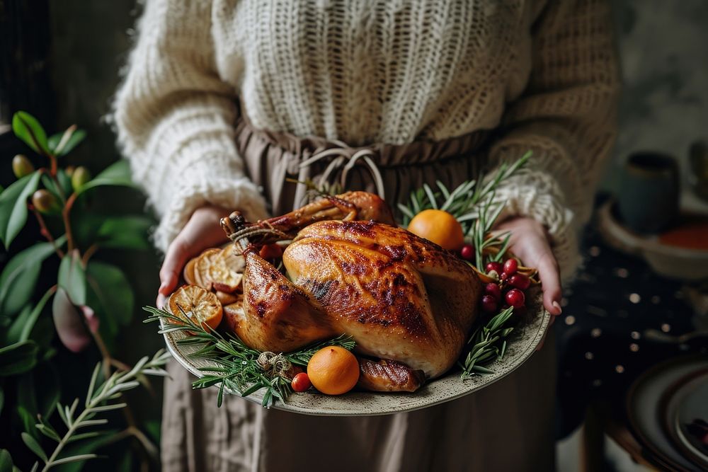 Women holding a Platter With Roast Turkey thanksgiving dinner turkey.