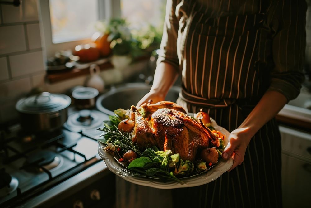 Women holding a Platter With Roast Turkey kitchen thanksgiving dinner.