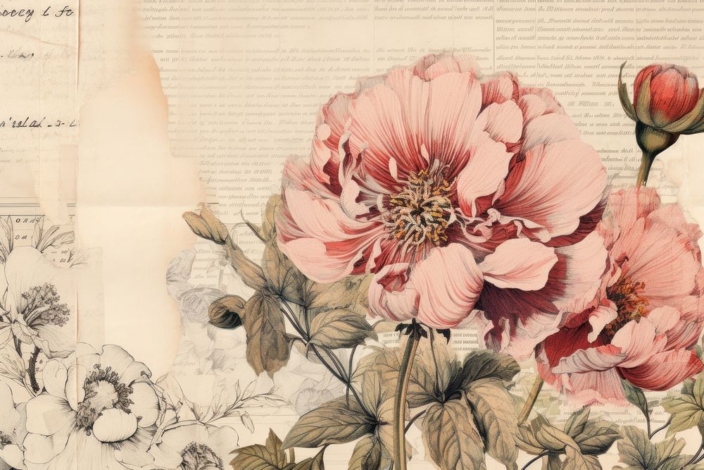 Ephemera style of peony border graphics painting geranium.