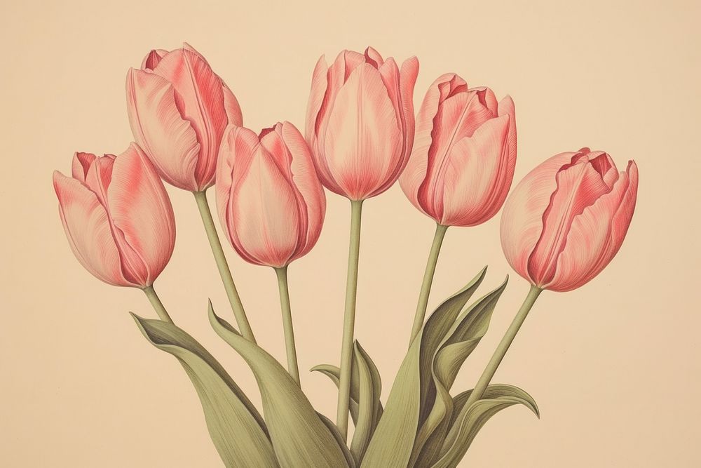 Vintage tulips print on paper flower plant rose.