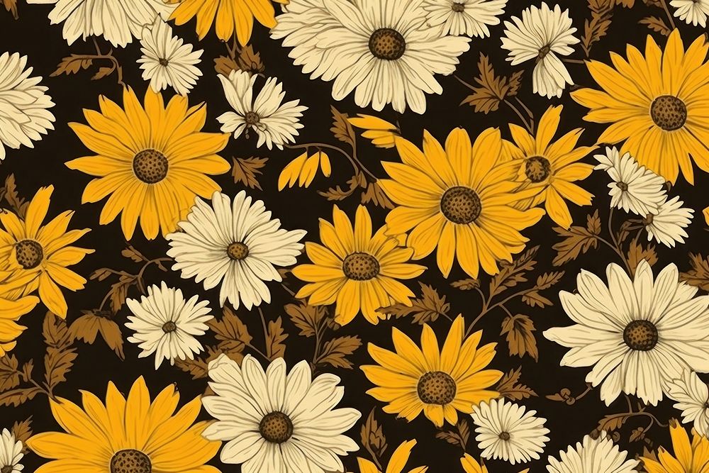 Vintage daisies pattern print on dark yellow paper backgrounds flower petal.