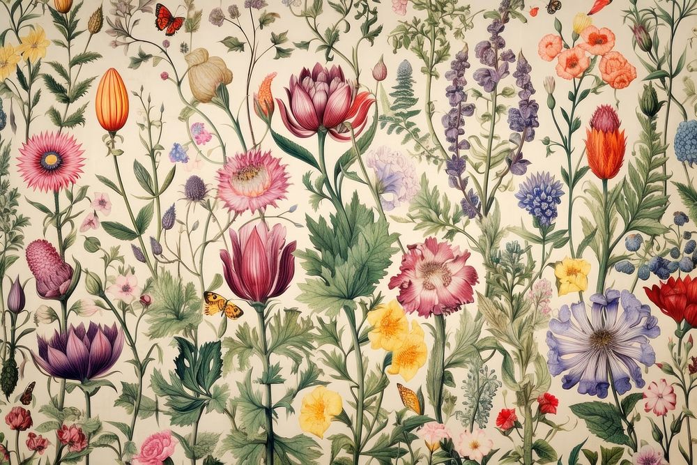 Vintage flower garden print on paper backgrounds pattern plant.