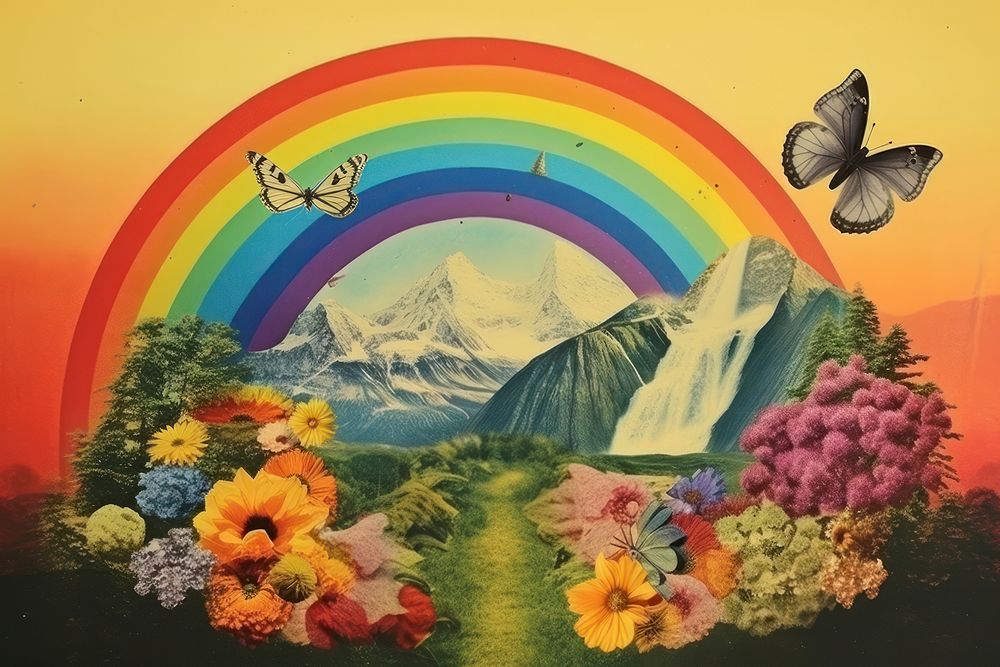Collage Retro dreamy of the door butterfly art mountain.