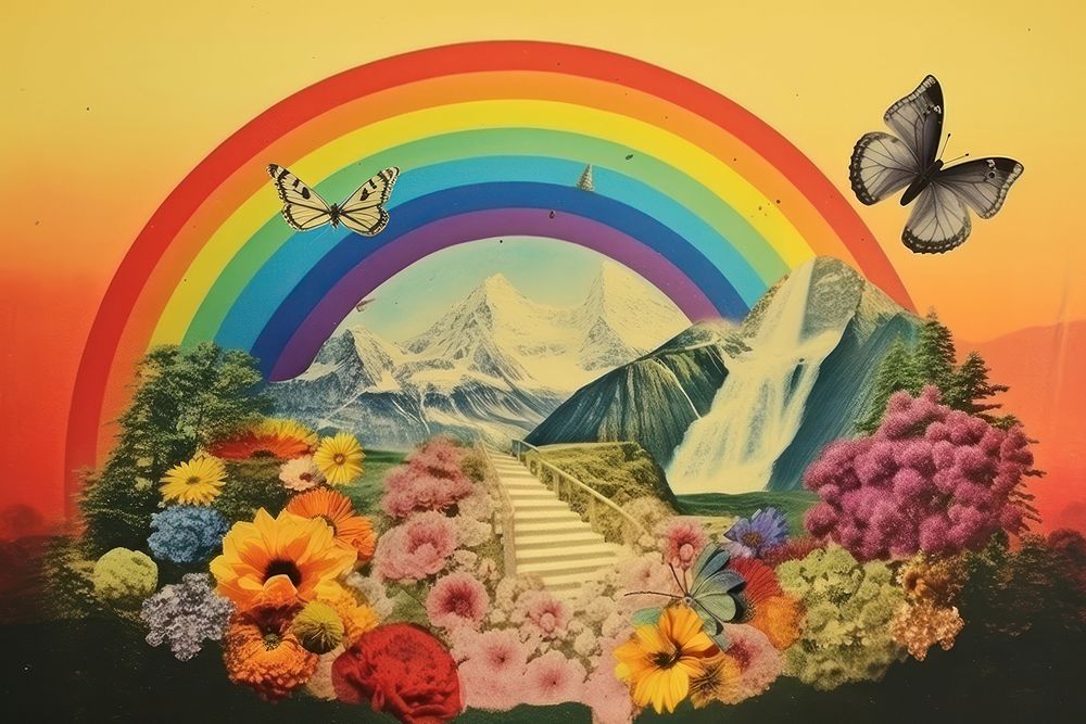 Collage Retro dreamy of the house butterfly art mountain.