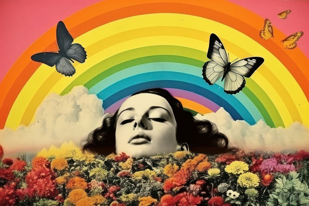 Collage Retro dreamy of the women sleep butterfly portrait outdoors.