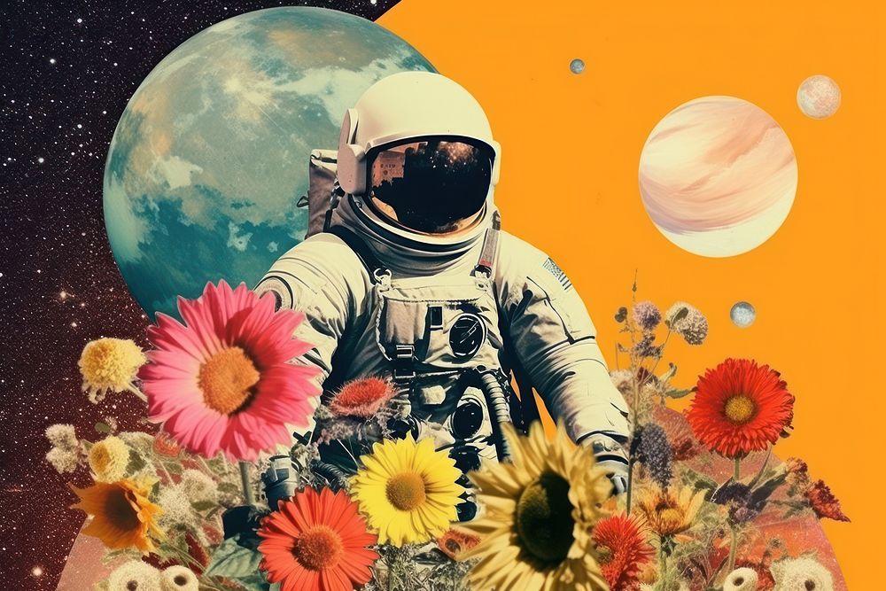 Collage Retro dreamy of a galaxy sunflower astronomy astronaut.