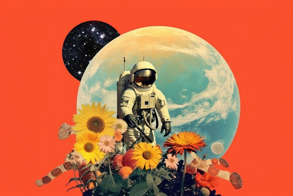 Collage Retro dreamy of a galaxy sunflower astronomy moon.