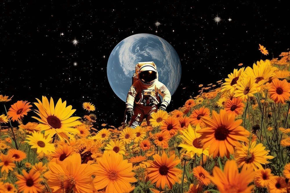 Collage Retro dreamy of a galaxy sunflower astronomy astronaut.