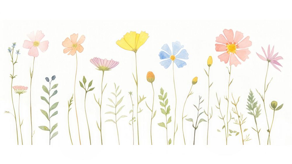 Colorful flowers as line watercolour illustration pattern drawing sketch.