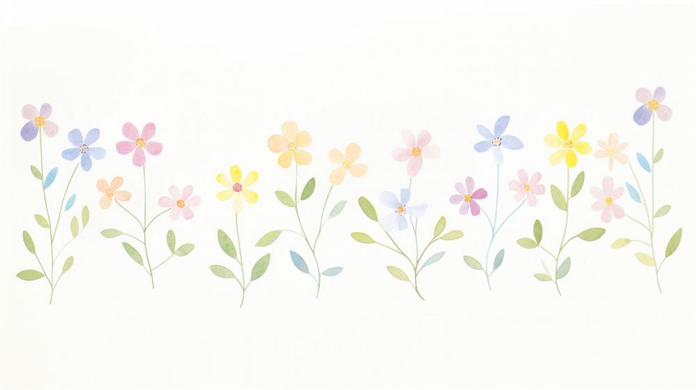 Cute rainbow flowers branch as line watercolour illustration pattern plant white background.