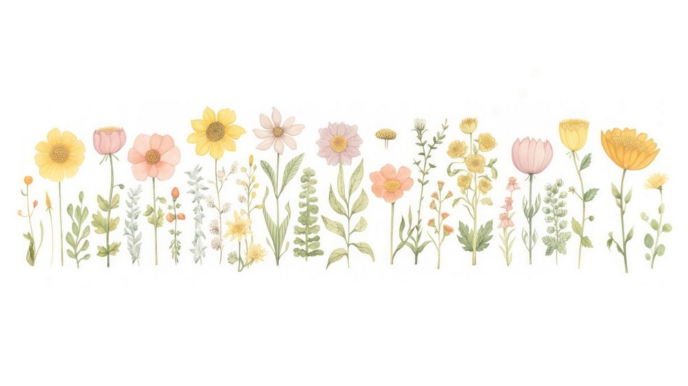 Cute summer flowers as line watercolour illustration pattern petal plant.