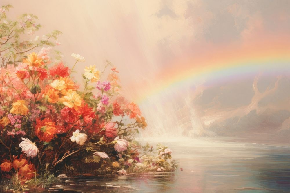 Rainbow over the river painting outdoors nature.