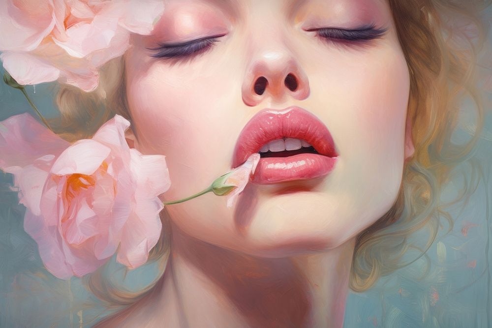 Lips and rose lipstick painting portrait.