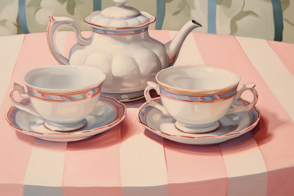 Close up tea set porcelain painting teapot.