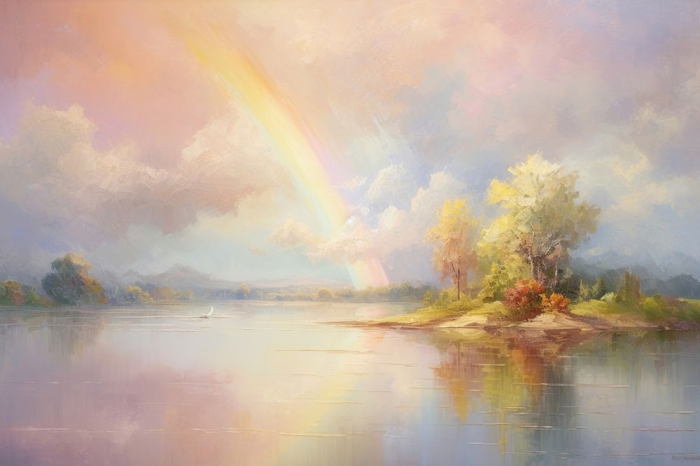 Rainbow over the river painting landscape outdoors.