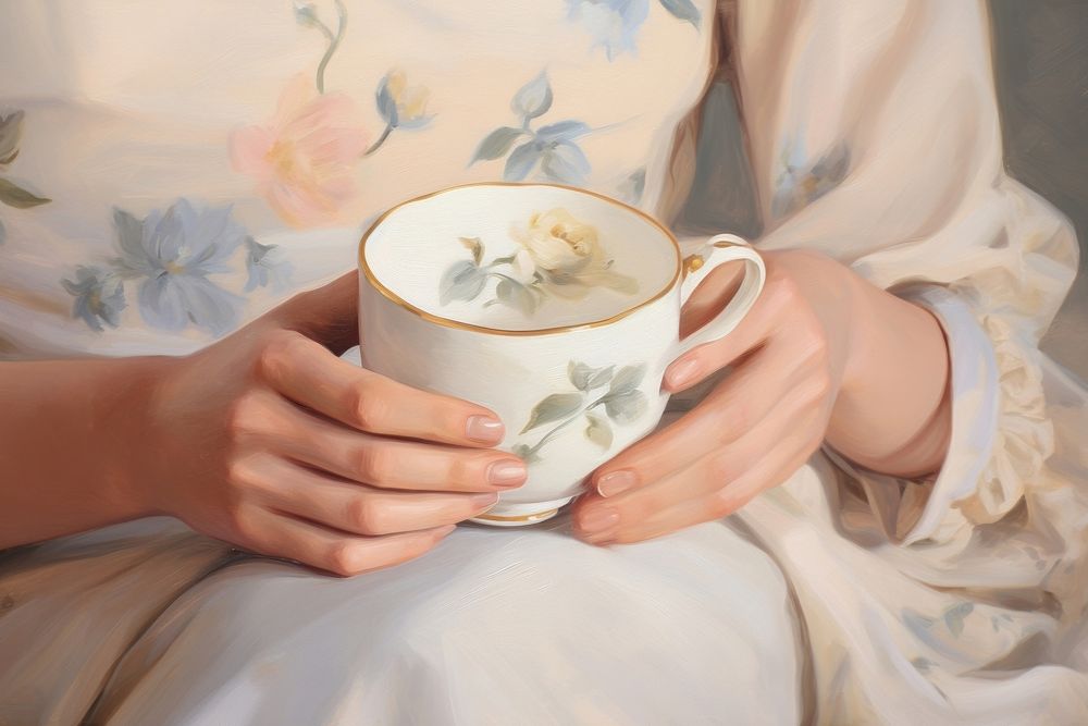 Close up morning cup of tea porcelain painting saucer.