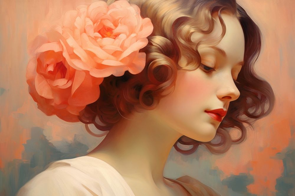 Woman hair and rose painting portrait flower.