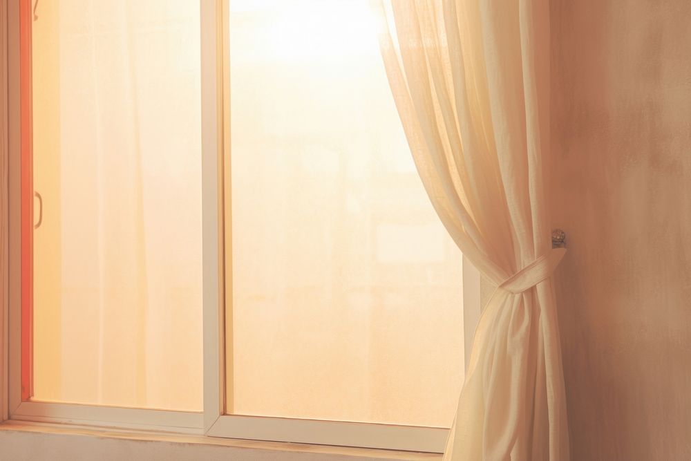 Close up sunrise through window curtain architecture transparent.