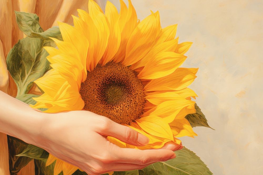 Hand holding sunflower plant inflorescence asterales.