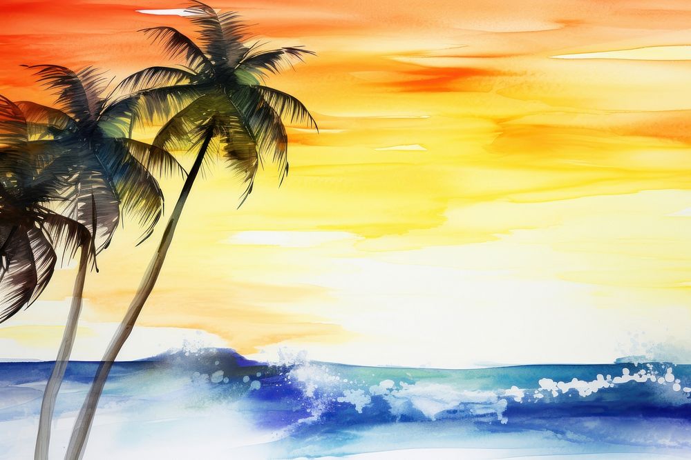 Coconut tree sea wave and sunset backgrounds outdoors painting.