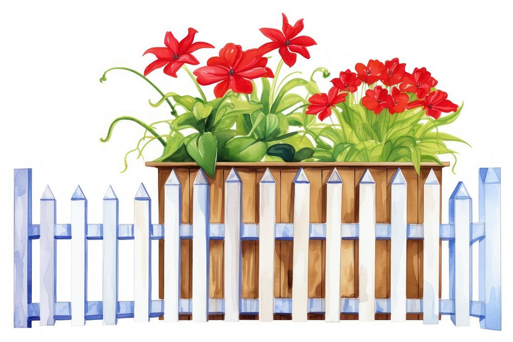 Flower pot with house fence boarder outdoors nature white background.