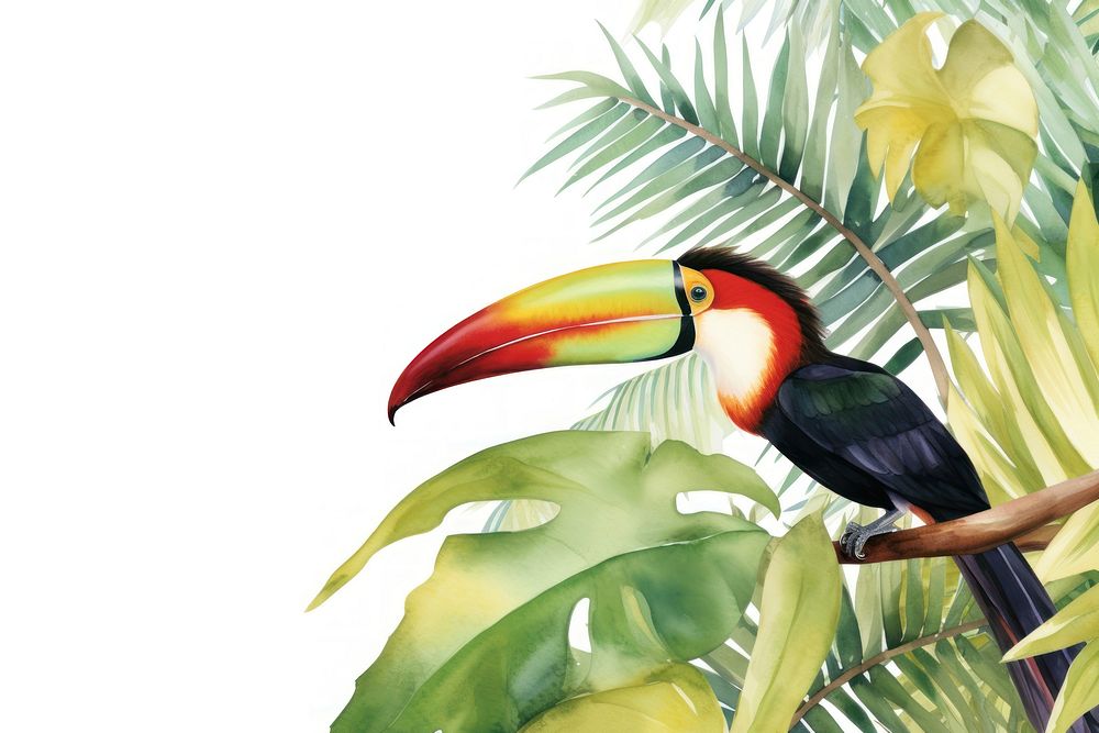 Palm leaves boarder toucan animal plant.