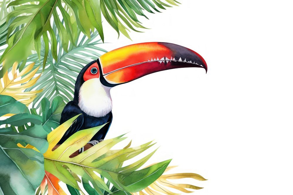 Palm leaves boarder toucan animal bird.