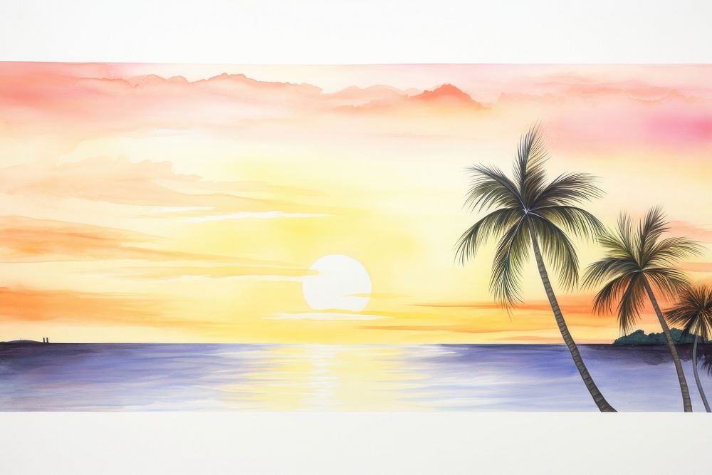 Sunset at the beach and coconut tree landscape panoramic outdoors.