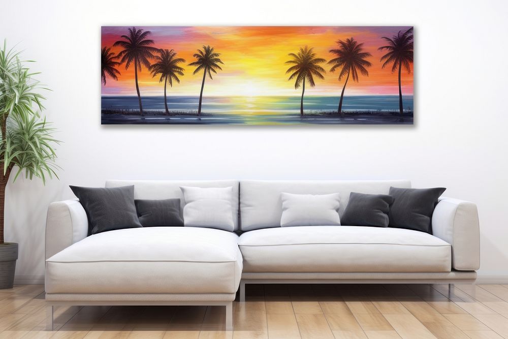 Sunset at the beach and coconut tree furniture panoramic painting.