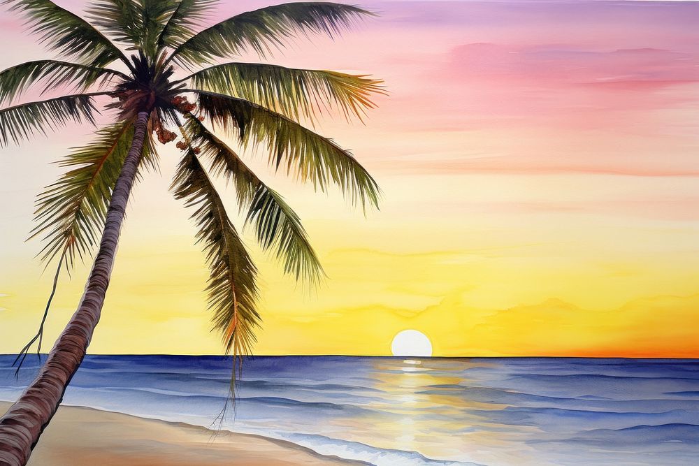 Sunset at the beach and coconut tree outdoors horizon nature.