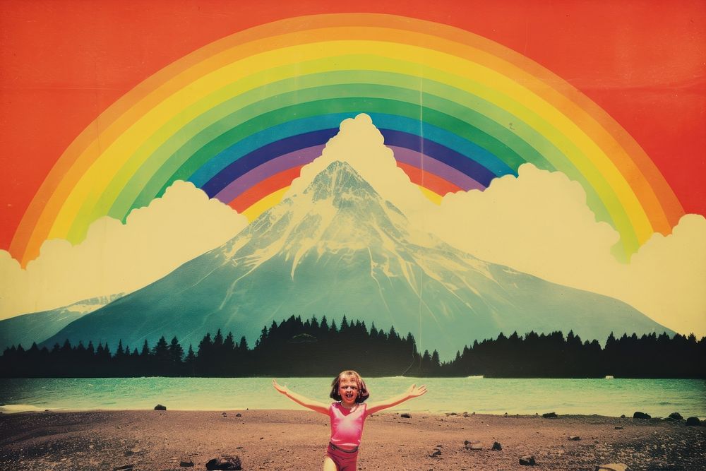Collage Retro dreamy of a beach mountain rainbow art.