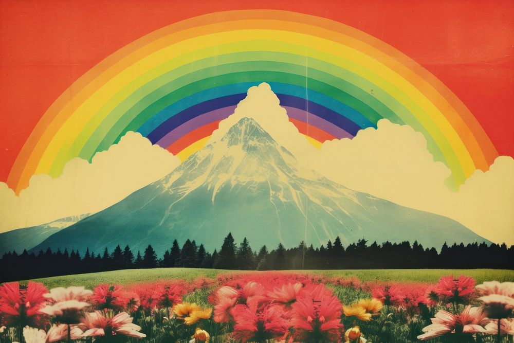 Collage Retro dreamy of a flower field mountain rainbow art.