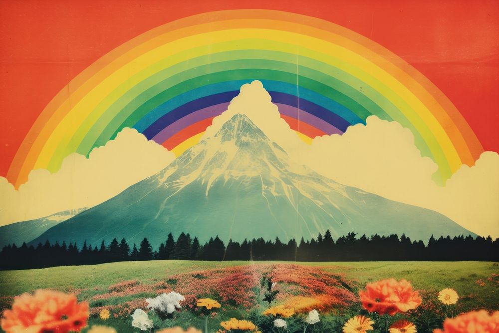 Collage Retro dreamy of a flower field mountain rainbow art.