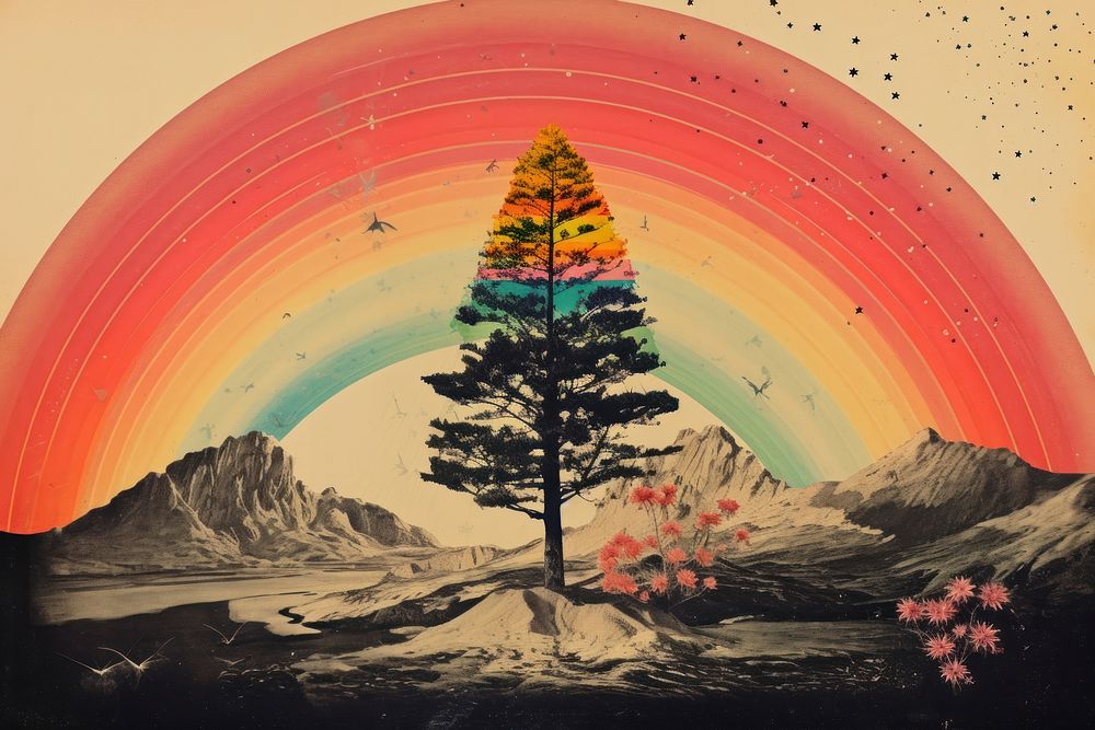 Collage Retro dreamy of alien tree art mountain painting.