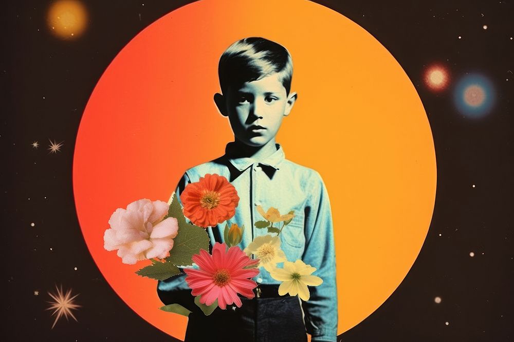 Collage Retro dreamy of boy flower portrait plant.
