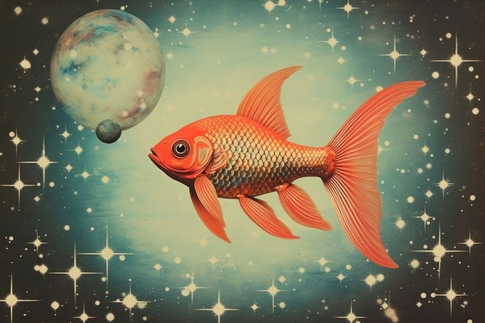 Collage Retro dreamy of galaxy goldfish astronomy animal.