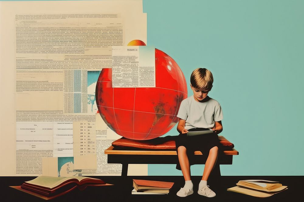 Collage Retro dreamy of kid reading astronomy sitting.