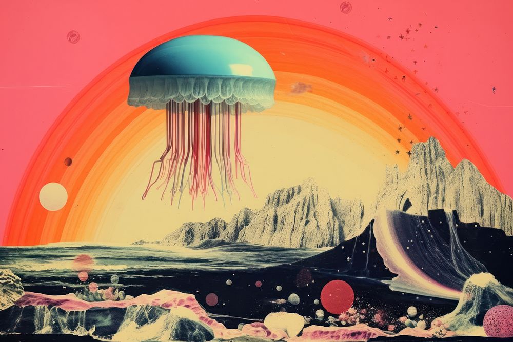 Collage Retro dreamy of phonograph art invertebrate jellyfish.