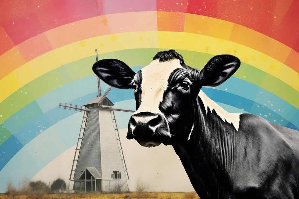 Collage Retro dreamy of the windmill cow livestock outdoors.