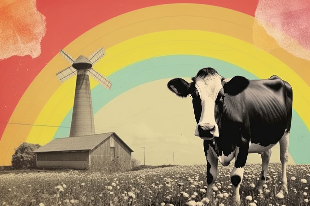 Collage Retro dreamy of the windmill cow architecture livestock.
