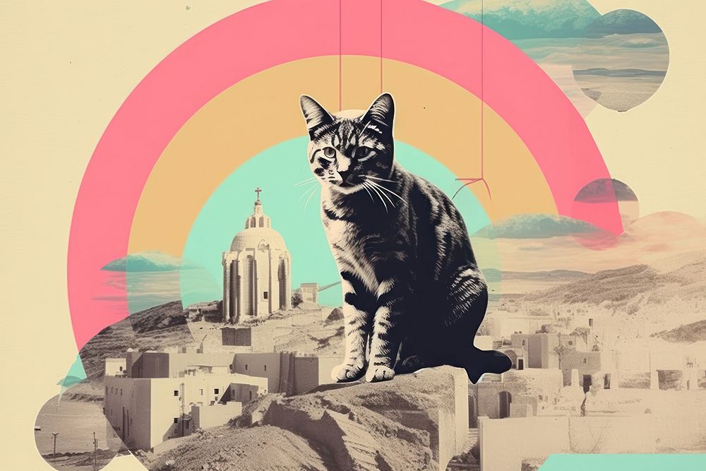 Collage Retro dreamy of the cat pops up in art architecture mammal.