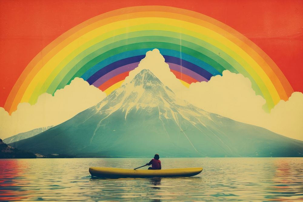 Collage Retro dreamy of the lake mountain outdoors rainbow.