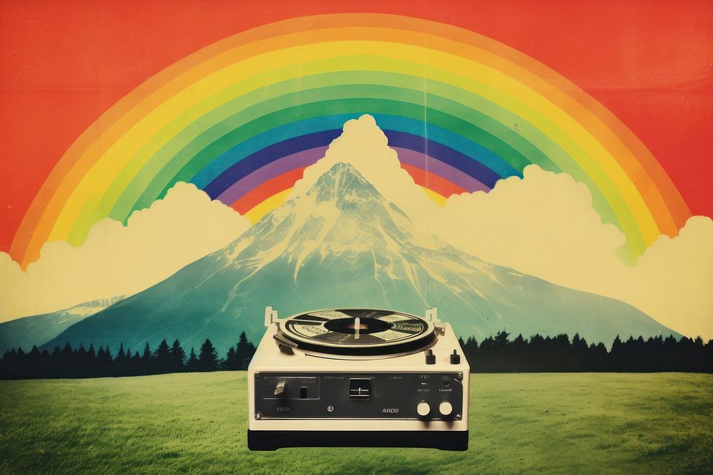 Collage Retro dreamy of the old phonograph rainbow art mountain.