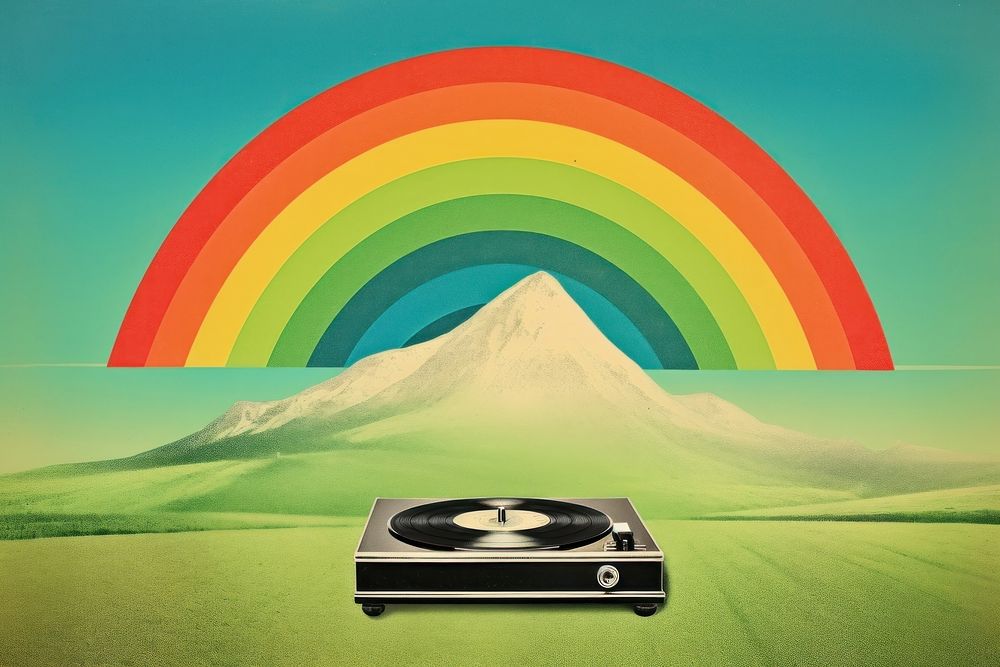 Collage Retro dreamy of the phonograph rainbow mountain green.