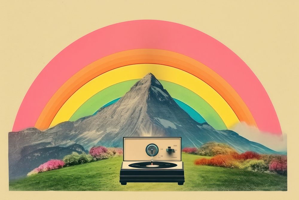 Collage Retro dreamy of the phonograph rainbow art mountain.