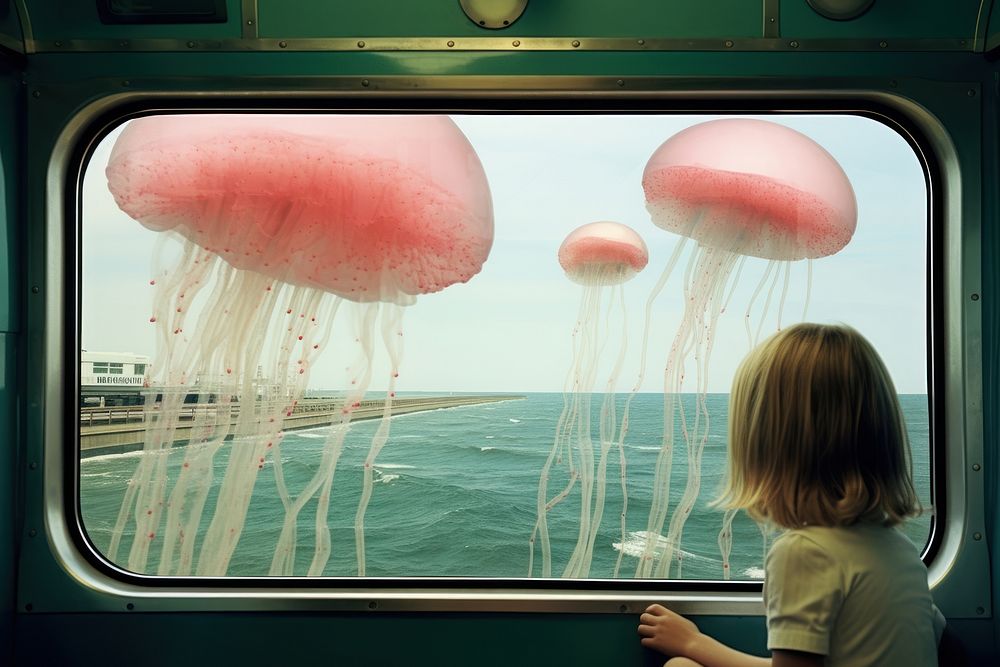 Collage Retro dreamy of train window jellyfish invertebrate transparent.