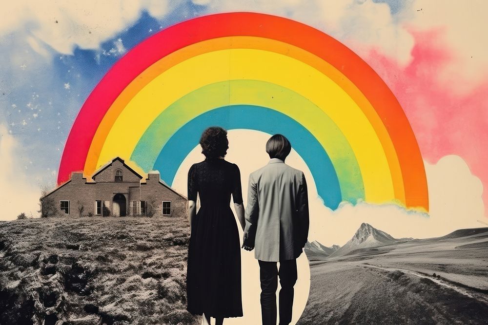 Collage Retro dreamy of women couple art architecture rainbow.